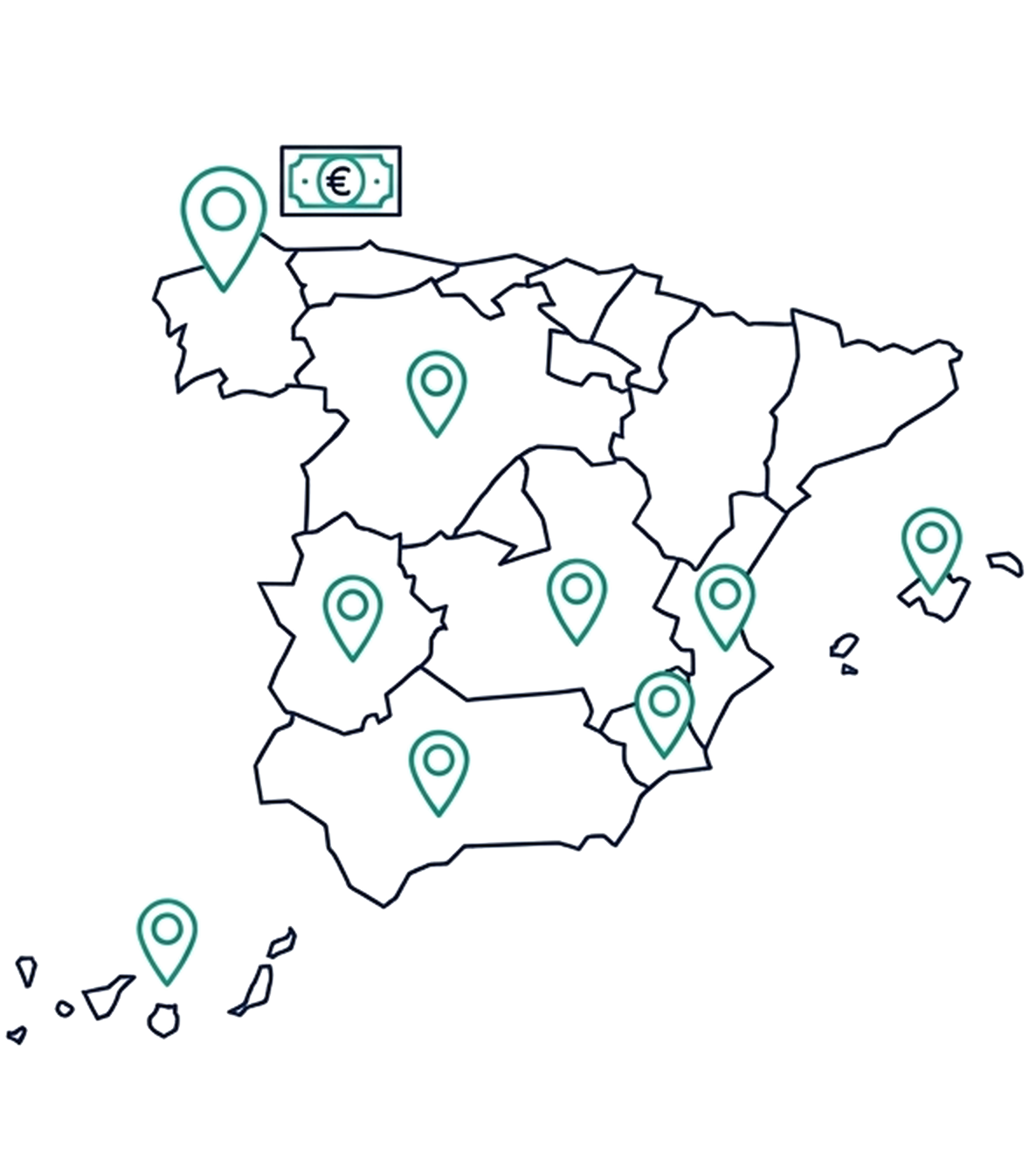Mapa de España con las comunidades autónomas elegibles marcadas